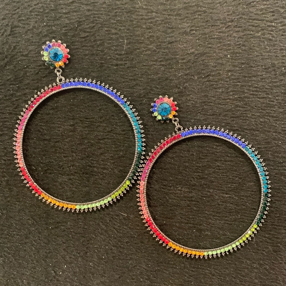 Large Colorful Crystal Hoop Circle Earrings-NWT